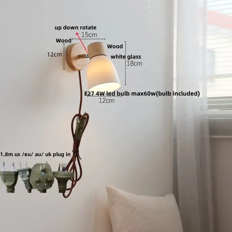 Minimalist iron wood led wall lamp with natural wood base and white glass shade featuring adjustable rotation and pull chain