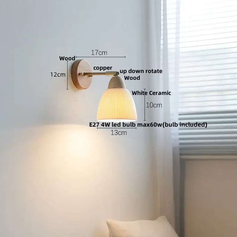 Minimalist warm-toned iron wood led wall lamp with wooden base copper arm and white ceramic shade for bedroom decorbites iron wood