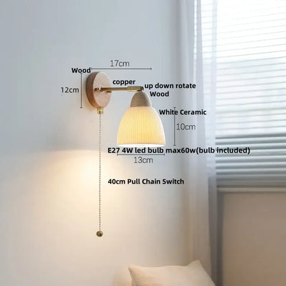 Minimalist warm-toned wall lamp with wooden base, copper arm, and white ceramic lampshade by decorbites iron wood led