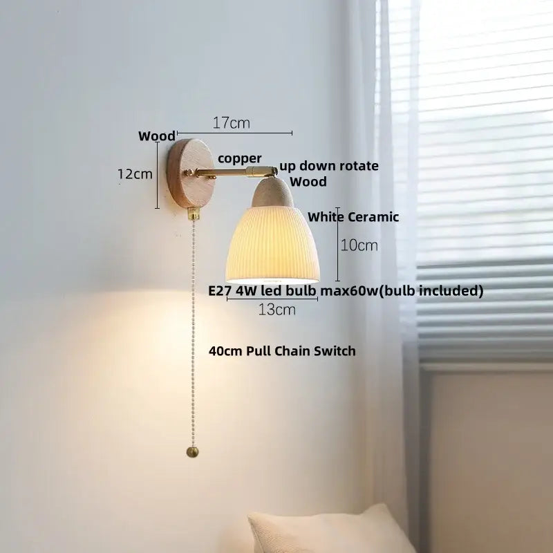 Minimalist warm-toned wall lamp with wooden base, copper arm, and white ceramic lampshade by decorbites iron wood led