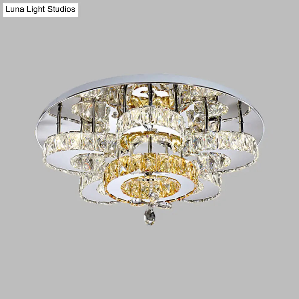 DecorBites™ DecorBites™ Minimalist LED Bedroom Semi Mount Ceiling Fixture with Floral Crystal Block Shade - Chrome Finish