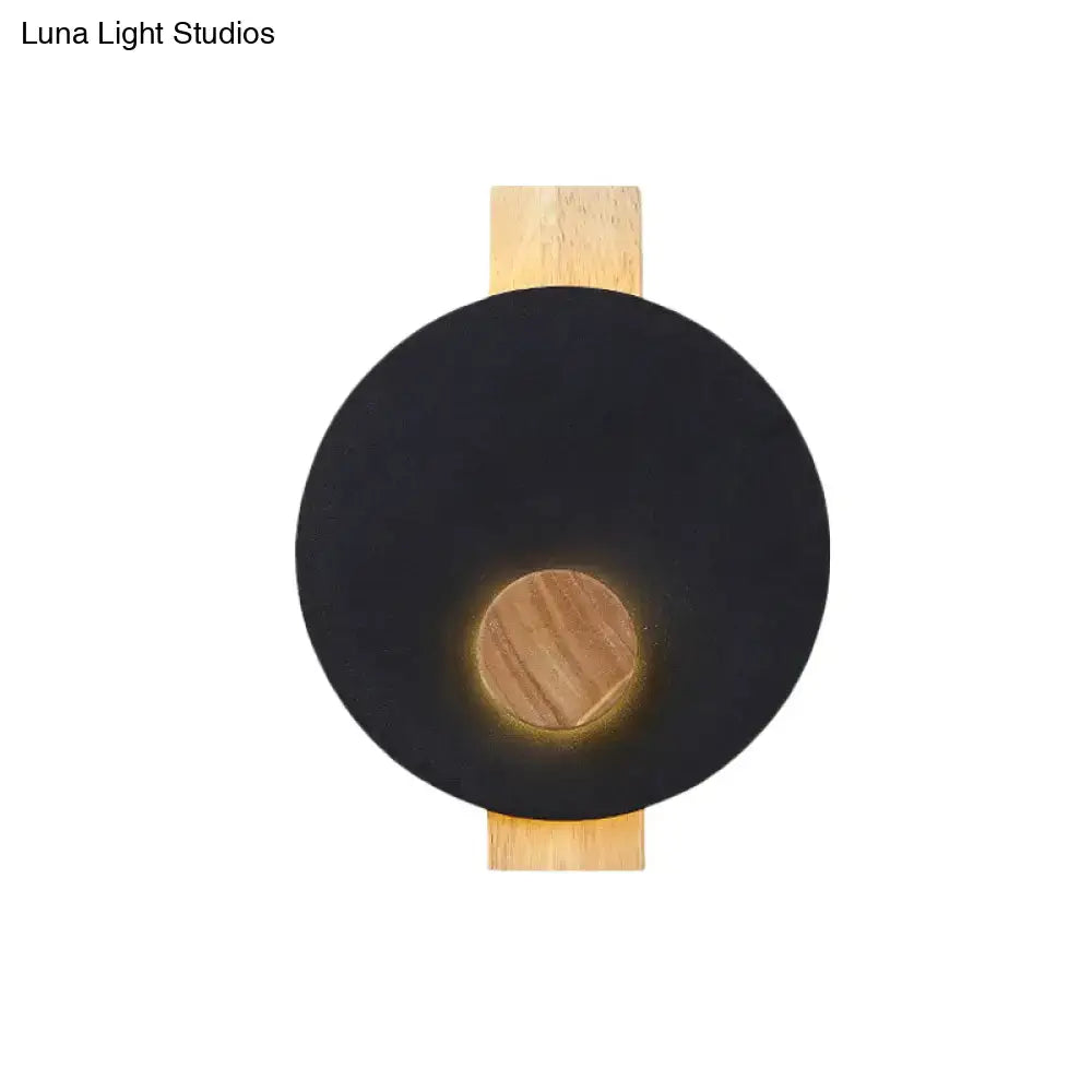 Minimalist led gray metal disk wall sconce with matte black shade and wood accents for 110v-120v or 220v-240v use