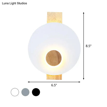 Minimalist led gray metal disk wall sconce with frosted glass and natural wood accents 110v-120v fixture width options