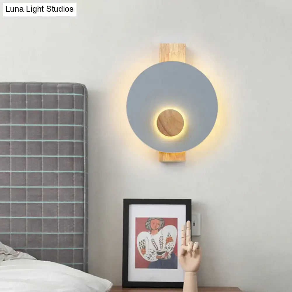 Minimalist led gray metal disk wall sconce with wooden center and base 110v-120v fixture width for bedroom lighting