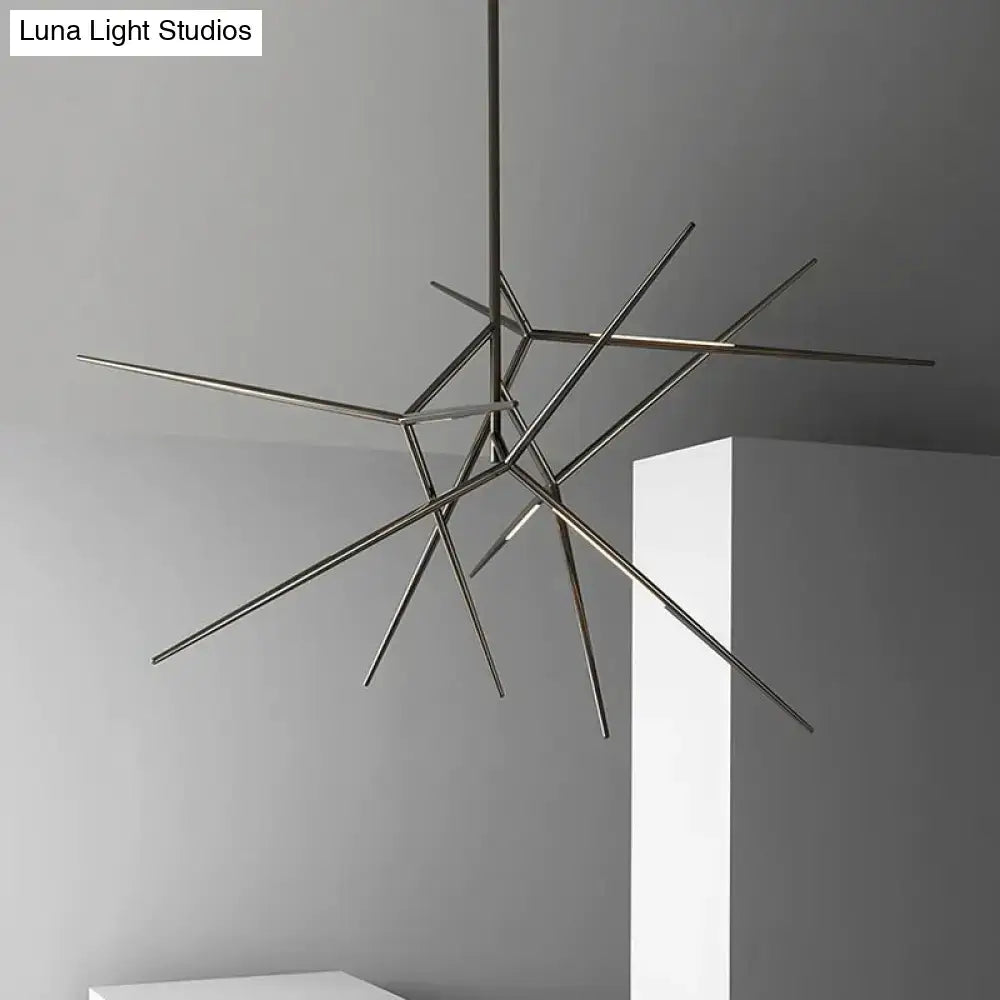 Modern minimalist led pearl black and gold starburst chandelier with brushed silver rods for dining room lighting