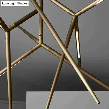 Gold-toned minimalist led pearl black starburst chandelier with slender metal rods in a modern lattice design for dining room