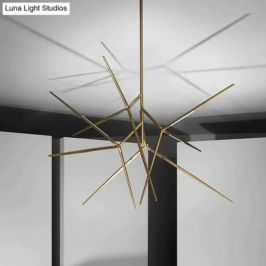 Minimalist led pearl black and gold starburst chandelier with gold-toned geometric rods for dining room lighting