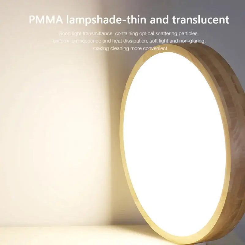 Minimalist circular pmma led wooden ceiling light with translucent white glow and warm wooden frame for modern decorbites decor