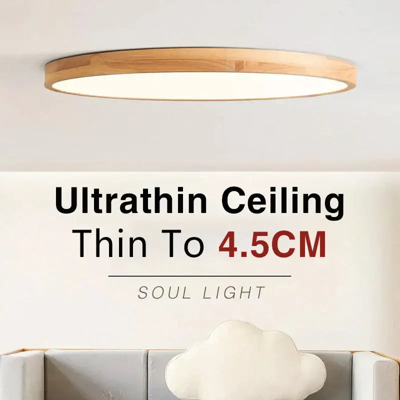 Minimalist led wooden ceiling light with natural wood frame and frosted glass panel for modern bedroom decor