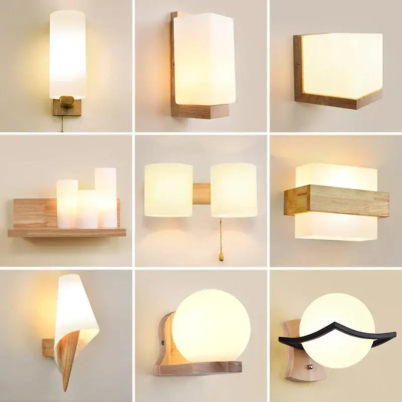Minimalist led wooden wall lamps with frosted shades and pull chain switch mounted on natural wood frames for bedroom decorbites led wooden wall