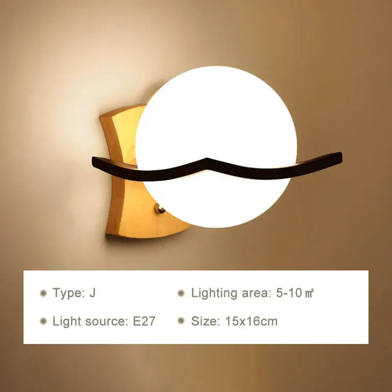 Minimalist led wooden wall lamp with warm gold metal base, white frosted globe, and black accent for bedroom decorbites led wooden