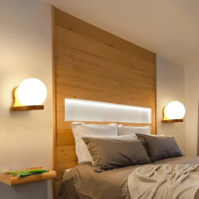 Warm-toned wooden headboard with integrated led wooden wall lamps and pull chain switch for bedroom decorbites led wooden