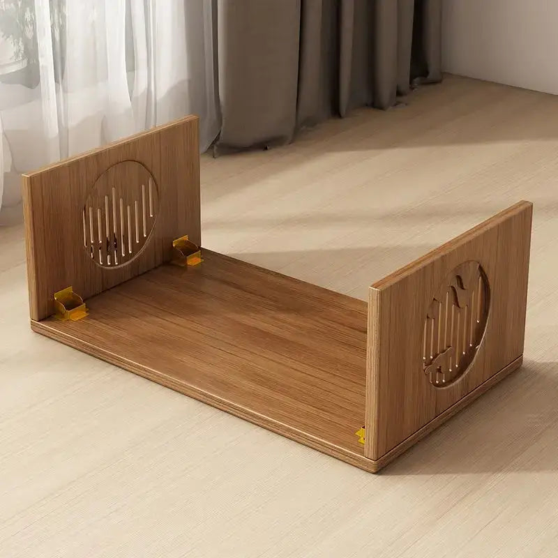 Minimalist light brown bamboo folding table with circular cutout panels and yellow hinges for bedroom tea use