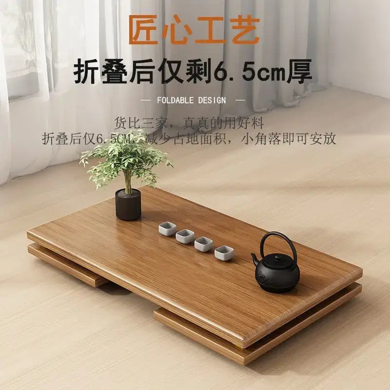 Minimalist light brown bamboo folding table with sleek design and visible wood grain texture for bedroom tea use