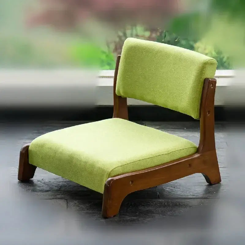 Minimalist wooden legless tatami chair with lime green upholstered seat and backrest for meditation by decorbites