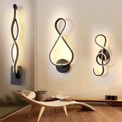 Modern black metal minimalist line art sconce light fixture with sleek musical note inspired design for hallway use
