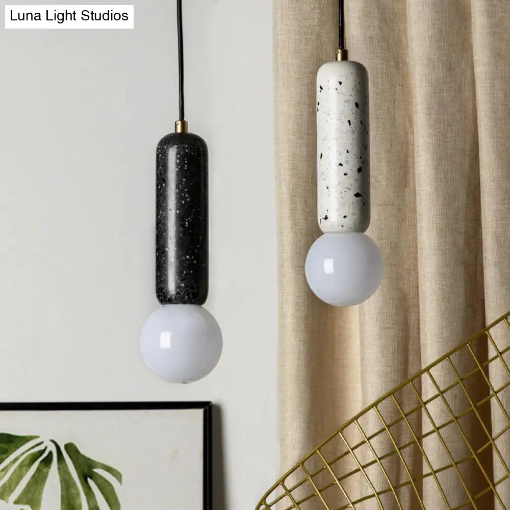 Minimalist Marble Capsule Pendant - Bedside Mini Hanging Lamp with Opal Glass Shade (White/Black)