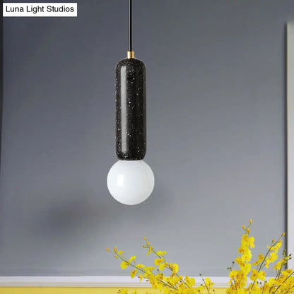 Minimalist Marble Capsule Pendant - Bedside Mini Hanging Lamp with Opal Glass Shade (White/Black)