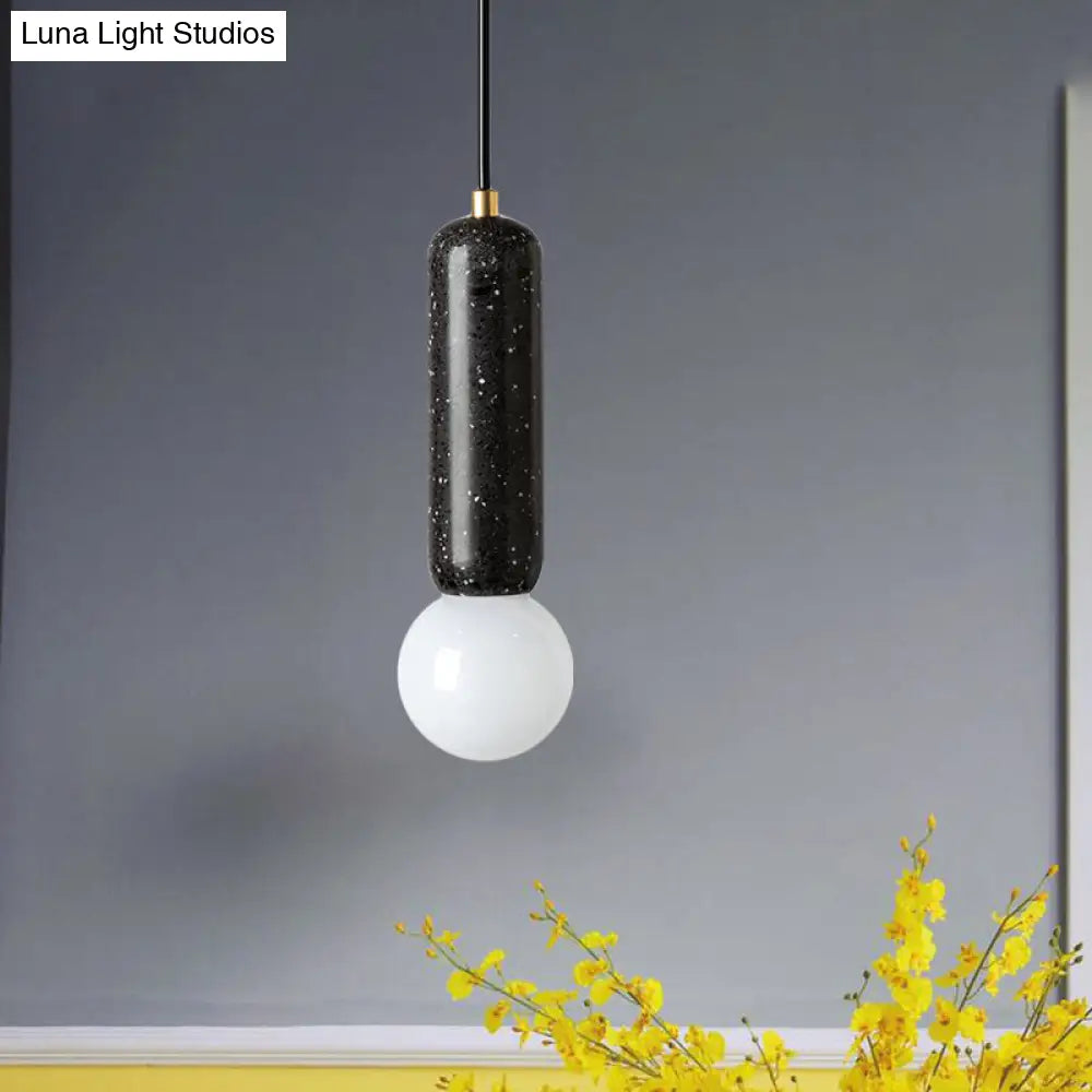 Minimalist Marble Capsule Pendant - Bedside Mini Hanging Lamp with Opal Glass Shade (White/Black)