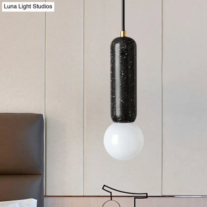 Minimalist Marble Capsule Pendant - Bedside Mini Hanging Lamp with Opal Glass Shade (White/Black)