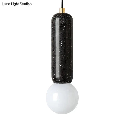 Minimalist Marble Capsule Pendant - Bedside Mini Hanging Lamp with Opal Glass Shade (White/Black)