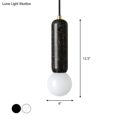 Minimalist Marble Capsule Pendant - Bedside Mini Hanging Lamp with Opal Glass Shade (White/Black)