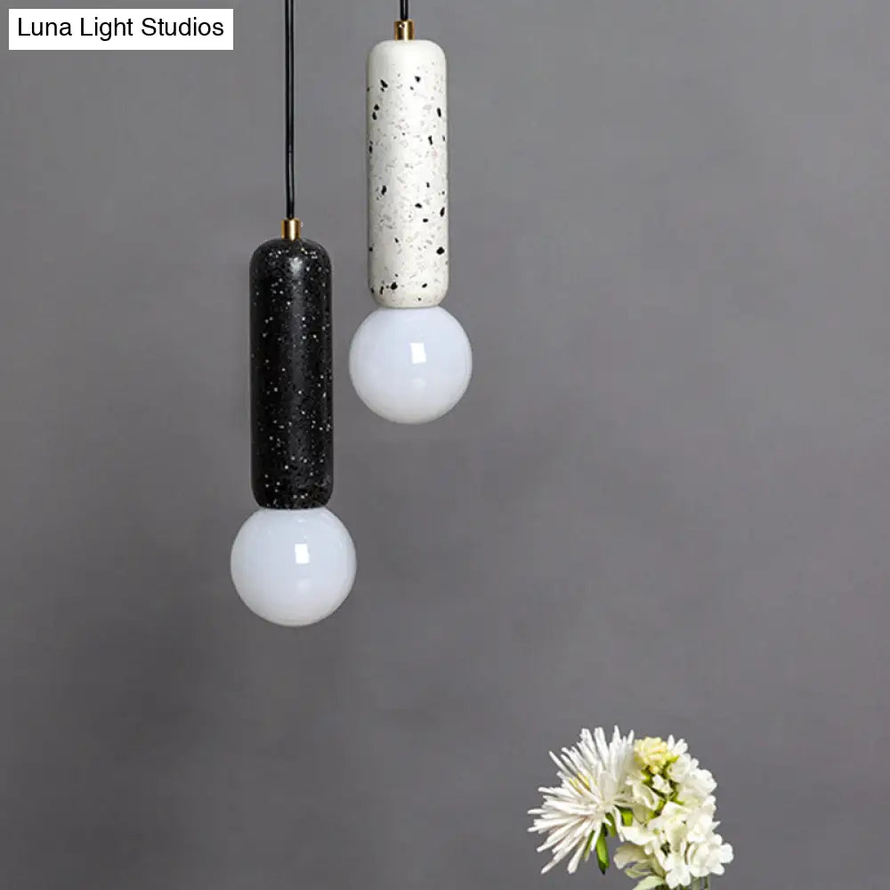 Minimalist Marble Capsule Pendant - Bedside Mini Hanging Lamp with Opal Glass Shade (White/Black)