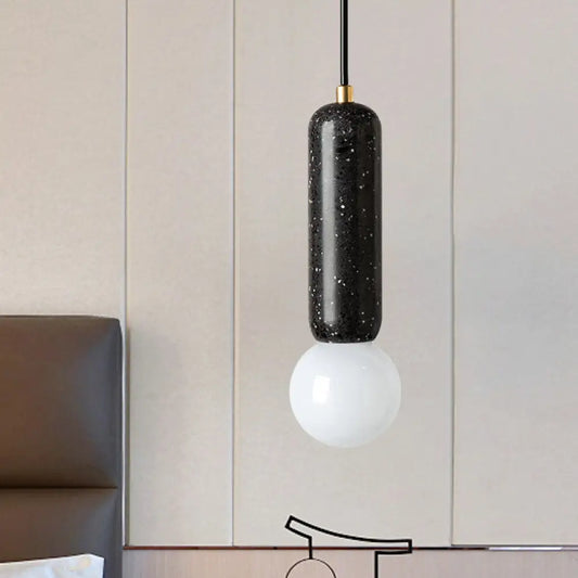 Minimalist Marble Capsule Pendant - Bedside Mini Hanging Lamp with Opal Glass Shade (White/Black)