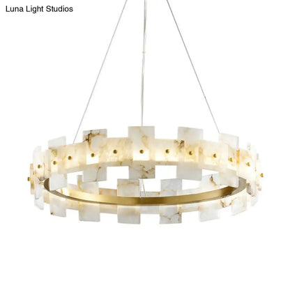 Minimalist Marble Circle Hanging Lamp - White & Brass LED Pendant Light for Dining Room