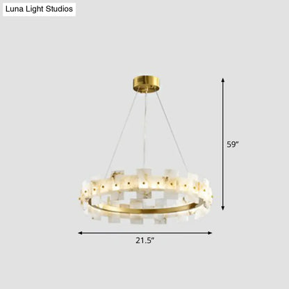 Minimalist Marble Circle Hanging Lamp - White & Brass LED Pendant Light for Dining Room