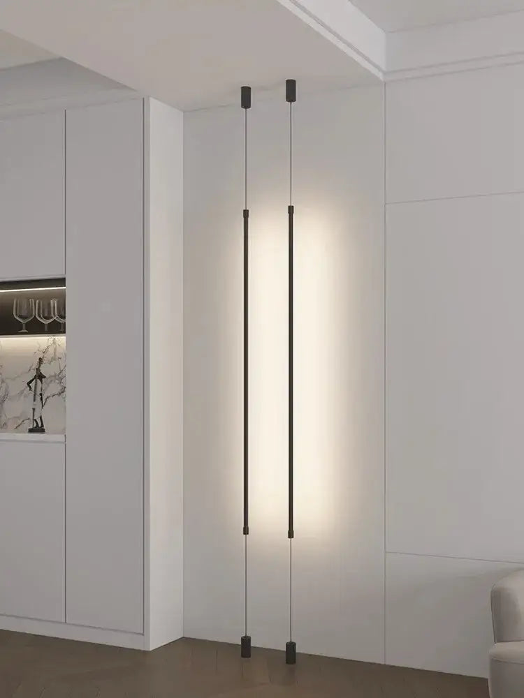 Modern minimalist matte black bedside pendant light with two slender vertical rods and warm straight strip glow