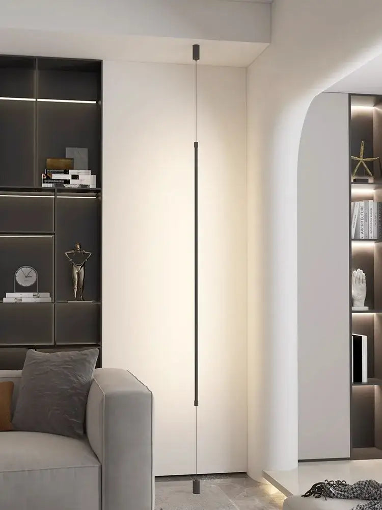 Minimalist matte black bedside pendant light with sleek straight strip design for modern bedroom lighting