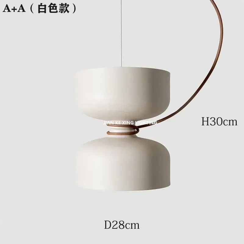 Minimalist white ceramic pendant light with curved brown leather accent and off-white forged iron chandelier decorbites piece