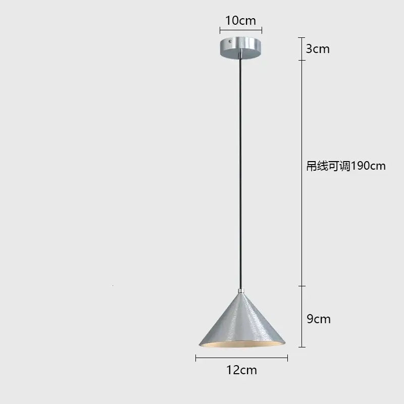 Silver conical pendant light with textured metallic finish and adjustable black cord for minimalist black pendant light chandelier