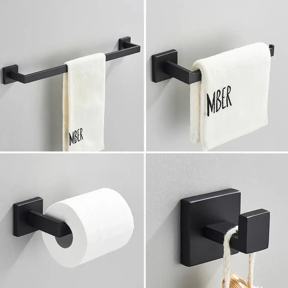 Minimalist matte black stainless steel bathroom accessories set with towel bars toilet paper holder and hooks