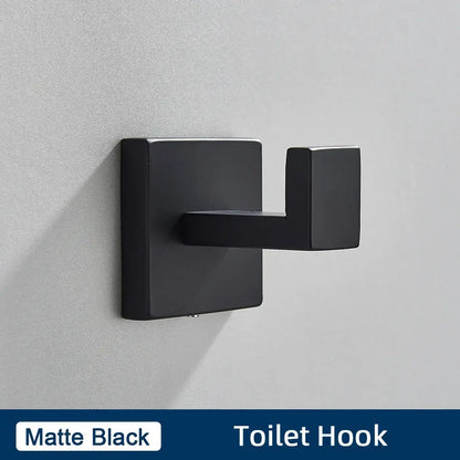 Matte black stainless steel rectangular toilet hook with modern minimalist design from bathroom accessories set