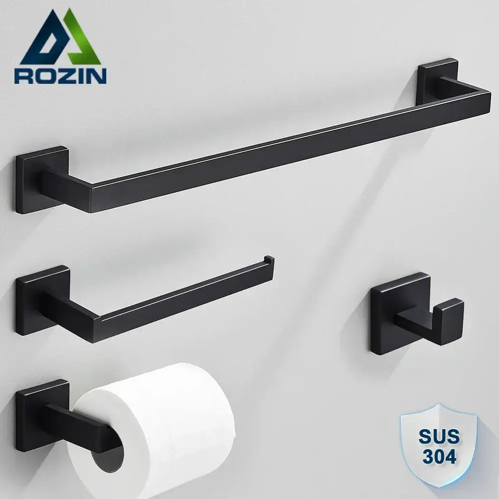Minimalist matte black stainless steel bathroom accessories set featuring a black matte sus 304 towel rack with square mounts