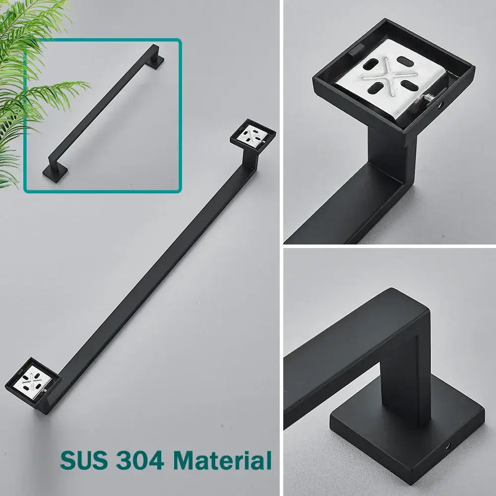 Minimalist matte black stainless steel towel rack with square mounting plates in a bathroom accessories set