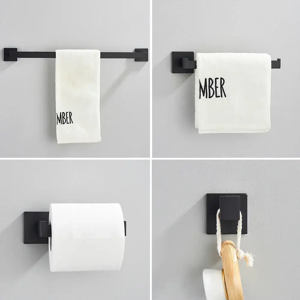 Minimalist black matte stainless steel bathroom accessories set with towel bars toilet paper holders and hanging hook