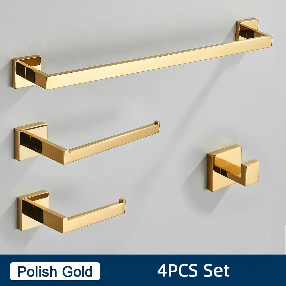 Polish gold bathroom accessories set featuring a sleek modern design with brushed metallic stainless steel finish