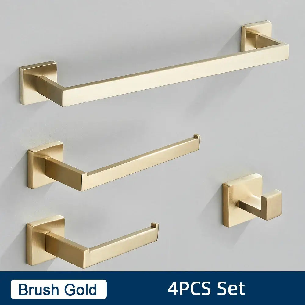 Brush gold bathroom towel rack set with sleek rectangular design and stainless steel modern bathroom accessories set