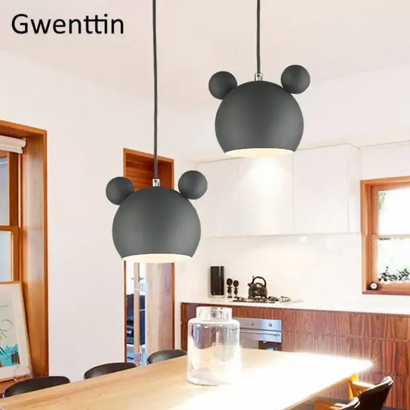 Black matte cartoon mouse pendant light with rounded ears hanging from cords minimalist decorbites pendant light