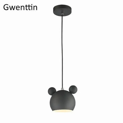 Black matte cartoon mouse pendant light with minimalist design, slim cord, and circular ceiling mount for bedroom decorbites decor