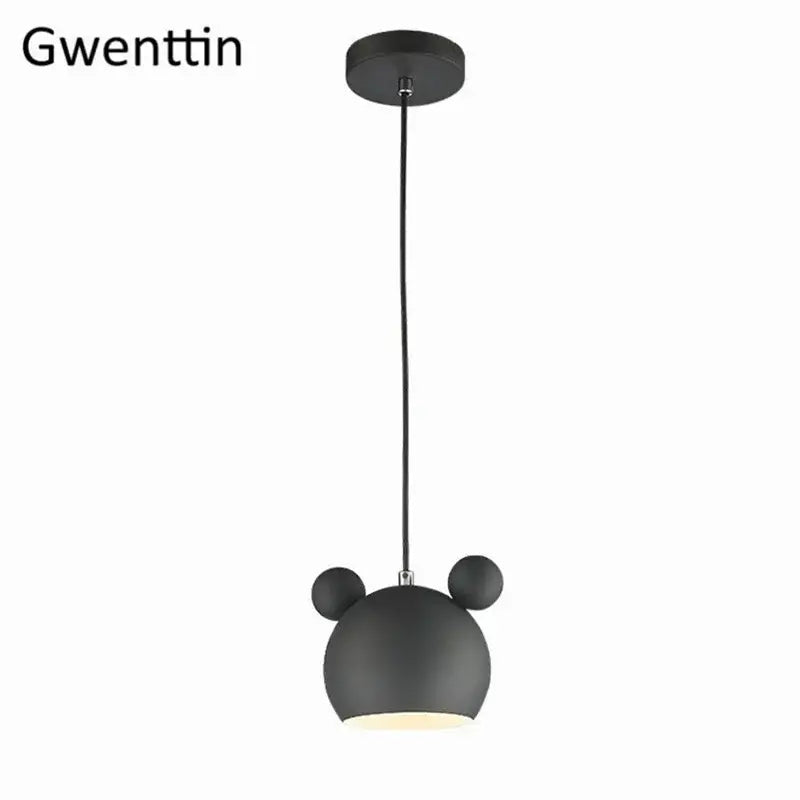 Black matte cartoon mouse pendant light with minimalist design, slim cord, and circular ceiling mount for bedroom decorbites decor