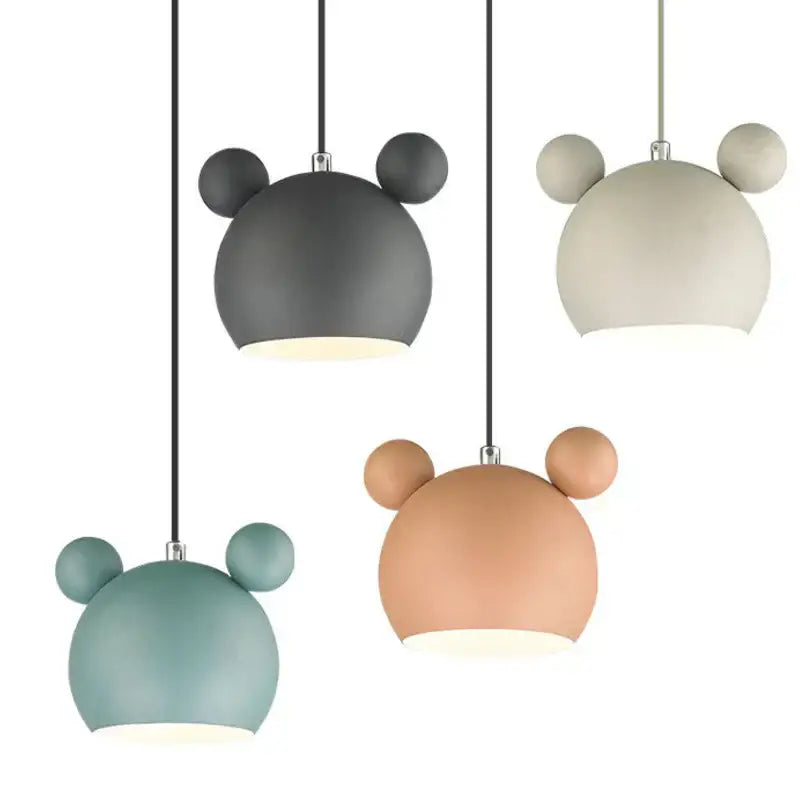 Four minimalist cartoon mouse pendant lights in matte gray beige teal and terracotta for bedroom decorbites pendant light