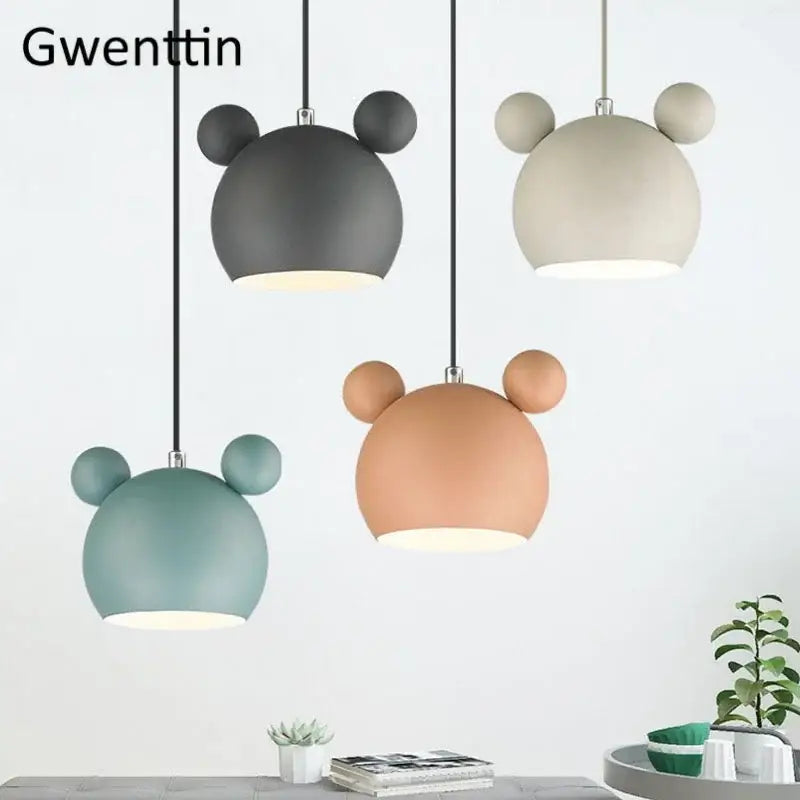 Set of four minimalist matte cartoon mouse pendant lights in gray beige teal and peach for bedroom decorbites pendant light