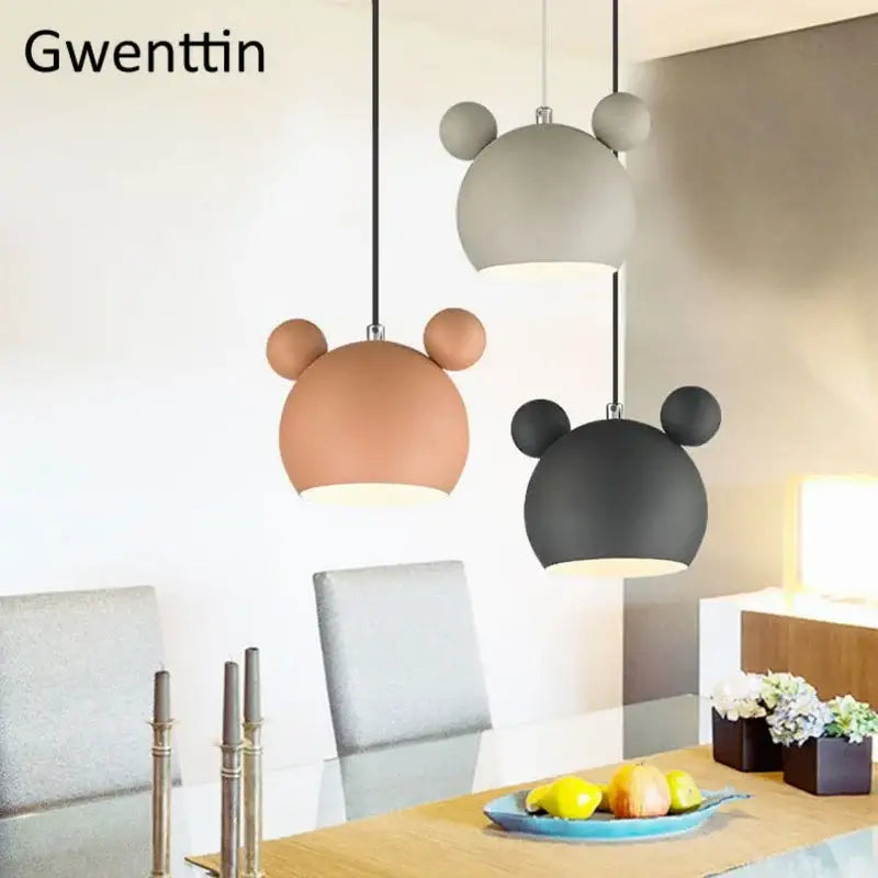 Three whimsical bear-themed pendant lights in matte gray copper and black finishes for minimalist bedroom decorbites cartoon mouse pendant light