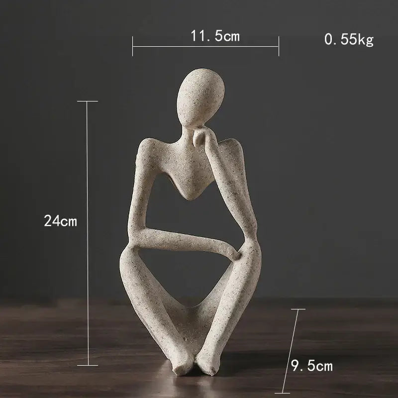 Minimalist beige ceramic abstract thinker woman figurine with smooth contours and speckled texture for living room decor