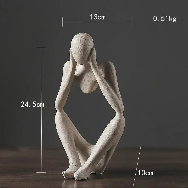 Minimalist beige stone abstract thinker woman figurine of a seated figure with hands covering face for living room decor