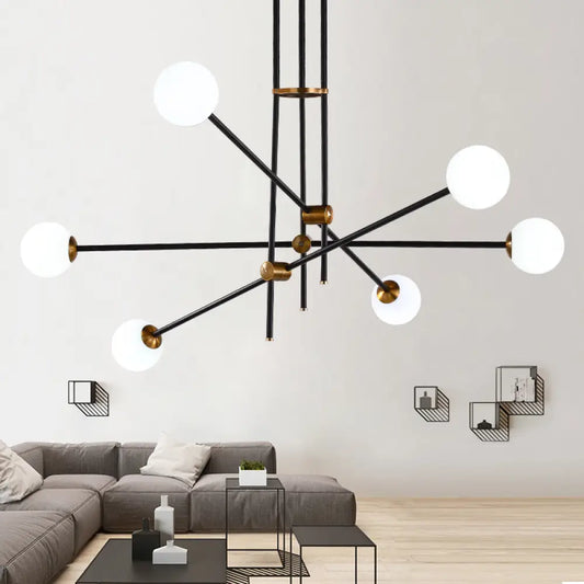 Lámpara colgante minimalista de metal con candelabro negro de 6 cabezas y pantalla de cristal opalino